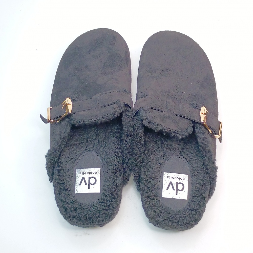 DV Dolce Vita Black Faux Suede Clogs Women Size 9 Shearling Lined Buckle Mules - Picture 7 of 10